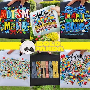 Puede incluir: Colección de camisetas con temas de concienciación sobre el autismo. Los diseños incluyen las palabras "Autism Mama", "Autism Mom" e "In April We Wear Blue". Cada camiseta presenta coloridas piezas de rompecabezas y elementos decorativos.
