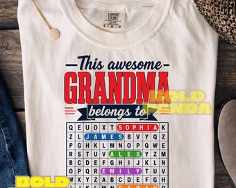 Personalized Grandma Word Search PNG | This Grandma Belongs To Custom Kids Names | Nana Mimi Gigi Gift | Mother’s Day Grandma Shirt