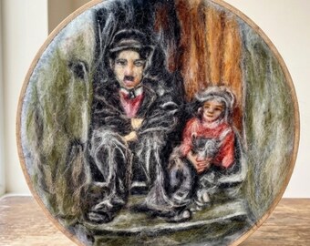 Arte de fieltro de aguja de Charlie Chaplin, pintura de lana de El Niño, decoración de cine mudo, regalo de cine
