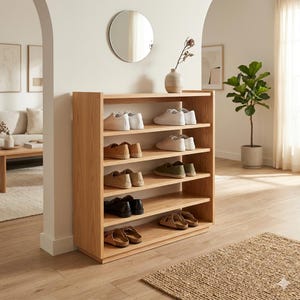 May include: A light-colored wooden shoe rack with multiple shelves, displaying various pairs of shoes. The rack is positioned against a neutral-toned wall, with a round mirror and decorative vase adding to the room's aesthetic. The shoes include sneakers, loafers, and sandals.
