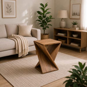 May include: A wooden side table featuring a geometric, twisted hourglass design with a square top and base. The table is constructed from medium-toned wood with a visible grain pattern, showcasing a unique structural form that connects the top and bottom.
