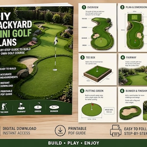 May include: A DIY Backyard Mini Golf Plans guide. The cover shows a miniature golf course with a flag, sand traps, and green grass. Includes step-by-step instructions, accurate measurements, and a printable PDF guide. The text says "Build, Play, Enjoy."