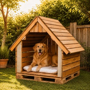 May include: A golden retriever dog resting inside a wooden dog house constructed from pallet wood. The structure features a gabled roof and a base made from EPAL pallets. A white patterned cushion is placed on the floor of the wooden shelter.