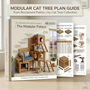 May include: Digital plan for a modular cat tree made from reclaimed pallets. The cover features a detailed illustration of the cat tree with multiple levels, a central storage box, and a patio window. Includes diagrams and cut lists.