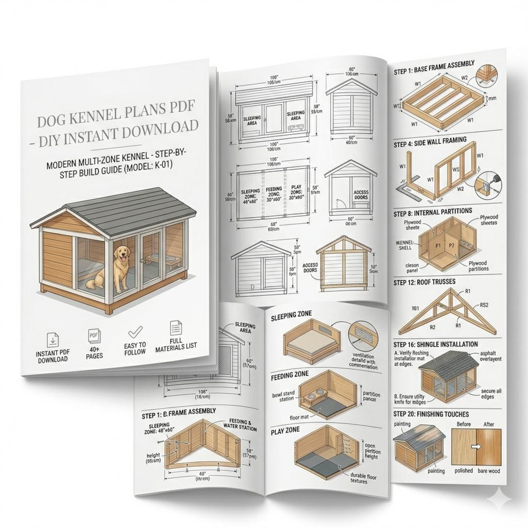 Dog Plan Library DIY Dog Kennel Plans PDF, Modern Wooden Dog House, Outdoor Pet Shelter ...