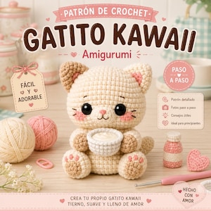 Puede incluir: Un amigurumi de gato tejido a crochet, sosteniendo un cuenco pequeño. El gato es beige con detalles rosas, ojos negros y boca cosida. La imagen incluye ovillos de lana, un ganchillo y texto que dice "Gatito Kawaii" y "Fácil y adorable."