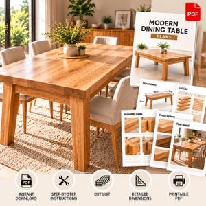 May include: A digital PDF document titled Modern Dining Table Plans featuring a light brown wooden dining table with four legs, assembly steps, a cut list, and dimensions of 180 cm by 90 cm by 76 cm, presented with icons for download and printing.