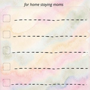 Peut inclure: Un planificateur quotidien simple avec un fond aquarelle aux couleurs pastel. Le planificateur comprend le texte "Simple Daily Planner" et "for home staying moms". Il comporte des cases à cocher et des lignes en pointillés pour l'écriture.