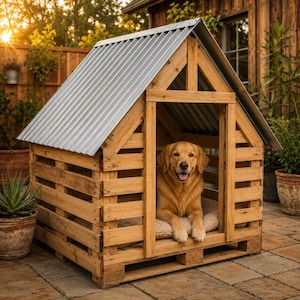 May include: A wooden dog house constructed from horizontal slats with a peaked roof made of corrugated silver metal. A golden-colored dog with its mouth open is resting inside the structure on a beige cushioned mat on the floor.