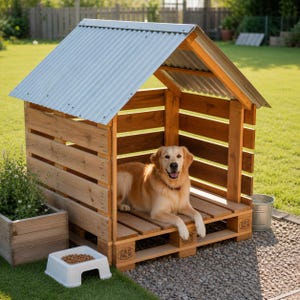 May include: A wooden dog house with a corrugated metal roof. A golden retriever lies inside the house on a pallet base. A white dog bowl with food sits in front of the house, and a small metal bucket is to the side.