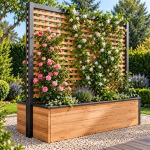 Può includere: Una fioriera rettangolare in legno con un alto traliccio integrato. Il legno color marrone chiaro naturale presenta una cornice scura. Rose rosa e fiori di clematide bianchi si arrampicano sulla griglia, mentre piccole piante verdi riempiono la base.