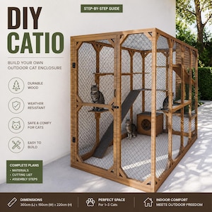 May include: A wooden DIY catio enclosure with a mesh interior, featuring multiple platforms, a ramp, and a cat house. The text on the enclosure reads "DIY CATIO" and "BUILD YOUR OWN OUTDOOR CAT ENCLOSURE". The dimensions are 118 inches (L) x 59 inches (W) x 87 inches (H).