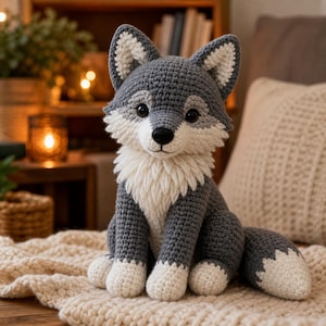 Peut inclure: Une peluche loup au crochet faite à la main, grise et blanche. L'animal en peluche a une poitrine, des pattes et le bout de la queue blancs et duveteux. Il est assis sur une couverture crème. Le loup a un nez noir et des yeux foncés.