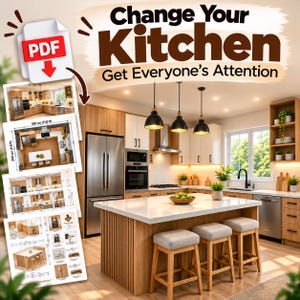May include: A kitchen design guide featuring the text Change Your Kitchen Get Everyone's Attention and a PDF icon. The image displays a modern kitchen with light wood cabinets, a white island, three stools, and three black pendant lights.