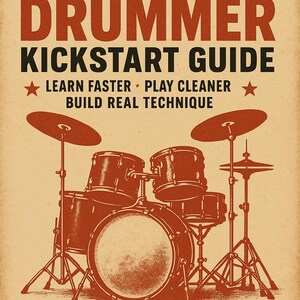 May include: A book cover with a vintage aesthetic, featuring a drum set illustration in shades of red and brown. The title reads "Beginner Drummer Kickstart Guide" with additional text promoting faster learning and technique building. The author's name is Addison Shaw.