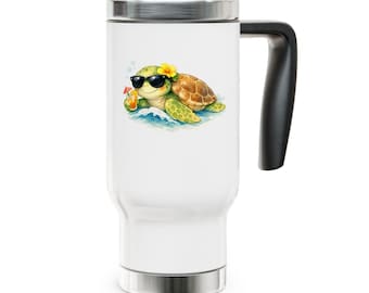 Taza de viaje de acero inoxidable con forma de tortuga marina y gafas de sol.