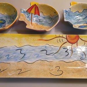 Ambiance Collection Ceramic Rectangular Serving Tray Bowl  Set Life's A Beach