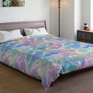 Rainbow Clouds Comforter, Fairycore Bedroom Decor, Girls Bedroom Blanket, Gift for Her, Fantasy Blanket, Pastel Colors Rainbow Dreamy Bed