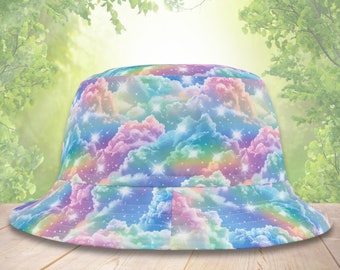 Rainbow Clouds and Stars Bucket Hat,Festival Hat,Rave Hat, Rainbowcore, Fairycore Clothing, Festival Outfit, Rave Wear,Girls Gift, Girls Hat