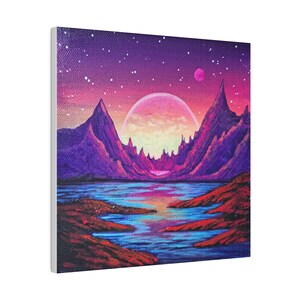 Wall Art, Original Art Print, Sci Fi Fantasy Landscape Matte Canvas, Stretched, non-AI art, Moon and Mountains Landscape, House Gift