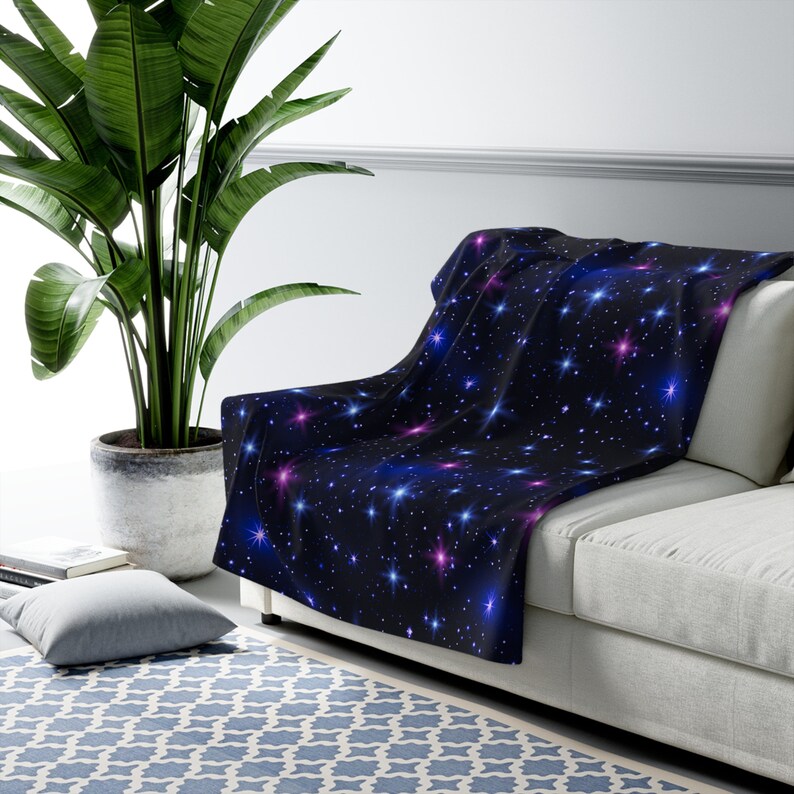 Manta de forro polar Sherpa, diseño de estrellas cósmicas, azul y rosa, suave y cálida, ideal como regalo de decoración para tu habitación, ideal para amantes de la astronomía. imagen 8