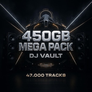Könnte beinhalten: Dunkle Grafik mit silbernem Text "450GB MEGA PACK DJ VAULT". Darunter steht "47.000 TRACKS". Das Design zeigt Lautsprecher, leuchtende Linien und ein zentrales architektonisches Element.