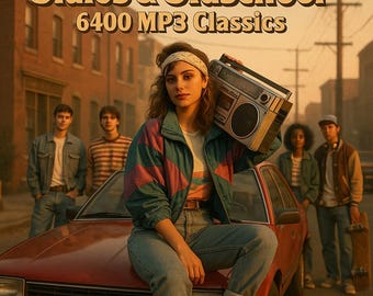 Könnte beinhalten: Ein Retro-Bild mit einer Frau, die einen Ghettoblaster hält und auf einem roten Auto sitzt. Der Text "Oldies & Oldschool 6400 MP3 Classics" und "320 kbps • Digital Download" ist zu sehen. Weitere Personen befinden sich im Hintergrund.