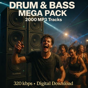 Puede incluir: Imagen promocional de un "Drum & Bass Mega Pack" con 2000 pistas MP3. Un hombre con una botella de cerveza frente a altavoces en un concierto. El texto incluye "320 kbps • Descarga digital."