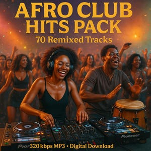 Puede incluir: Imagen de una configuración de DJ con una mujer y un hombre sonriendo. El texto "AFRO CLUB HITS PACK" está en la parte superior, con "70 Remixed Tracks" debajo. La imagen también incluye el texto "Pior 320 kbps MP3 • Digital Download".