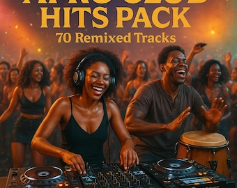Könnte beinhalten: Ein Bild von einem DJ-Setup mit einer lächelnden Frau und einem Mann. Der Text "AFRO CLUB HITS PACK" steht oben, darunter "70 Remixed Tracks". Das Bild enthält auch den Text "Pior 320 kbps MP3 • Digital Download".