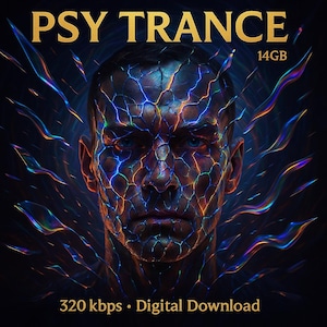 Puede incluir: Ilustración digital de un rostro masculino con una textura agrietada en mosaico, iluminada por líneas vibrantes azules, naranjas y verdes. Las palabras "PSY TRANCE" están en la parte superior, con "14GB" al lado. La parte inferior dice "320 kbps • Digital Download".