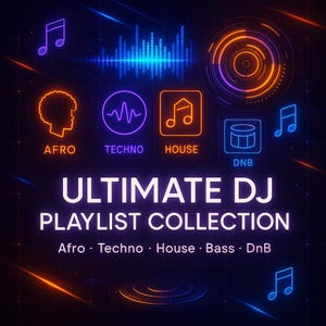 Puede incluir: Gráfico digital con fondo oscuro que presenta iconos y texto de neón. El texto dice "ULTIMATE DJ PLAYLIST COLLECTION" con etiquetas de género como Afro, Techno y House. También hay notas musicales y gráficos de ondas de sonido.