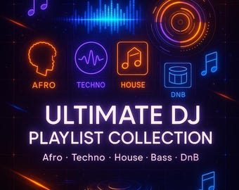 Peut inclure: Graphique numérique avec un fond sombre présentant des icônes et du texte au néon. Le texte indique "ULTIMATE DJ PLAYLIST COLLECTION" avec des étiquettes de genre comme Afro, Techno et House. Des notes de musique et des graphiques d'ondes sonores sont également présents.