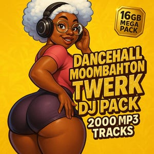 Op de afbeelding: Cartoon illustratie van een vrouw met een koptelefoon en een bril, met de tekst "DANCEHALL MOOMBAHTON TWERK DJ PACK" en "2000 MP3 TRACKS". Een goudkleurige badge leest "16GB MEGA PACK". De achtergrond is geel.