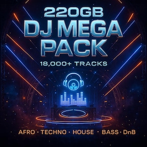 Pode incluir: Gráfico digital que promove um DJ Mega Pack com 220 GB e mais de 18.000 faixas. O design apresenta linhas de néon azuis e laranja, um gráfico de configuração de DJ e os gêneros musicais Afro, Techno, House, Bass e DnB.