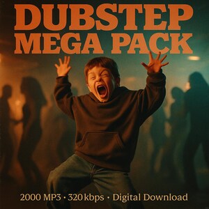 May include: A digital download product titled "DUBSTEP MEGA PACK" with a young person in a brown hoodie and jeans, arms raised and mouth open in a scream. The background features silhouettes and a gradient of colors.