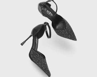Schwarz Lack Strass Stiletto Heels | Glitzernden Spitz Knöchel Riemen Pumps
