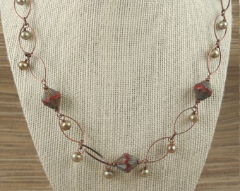 Copper Link, Czech Glass and Freshwater Pearl Necklace