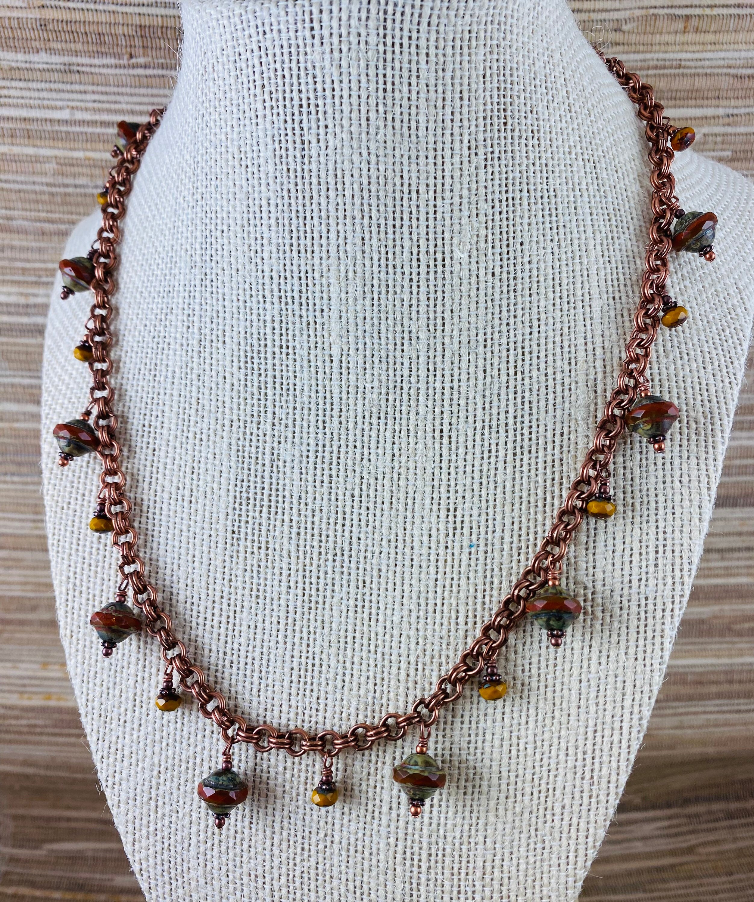 Pumpkin Orange Czech Glass & Copper Chain Necklace