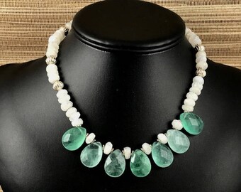 Green Fluorite Briolettes, Moonstone Roundels and Sterling Silver Necklace