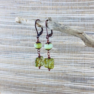Green Czech Glass and Copper Earrings