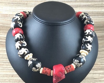 Batik Bone and Coral Necklace with Tibetan Agate/Silver Beads, 22&quot;