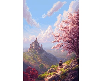 Castle Landscape Matte Vertical Poster | Fantasy Scenic Wall Art | Spring Castle Blossoms Print