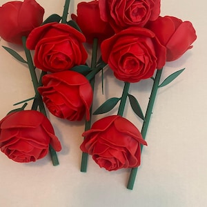 May include: A collection of red roses with green stems and leaves. The roses are in full bloom, showcasing their layered petals. The stems are a vibrant green, and the overall arrangement suggests a floral theme.