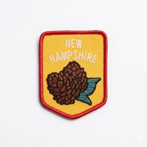 May include: A yellow patch with a red border featuring the text "NEW HAMPSHIRE" in white. A brown pinecone and blue-green leaves are centered below the text. The patch is rectangular with rounded corners.