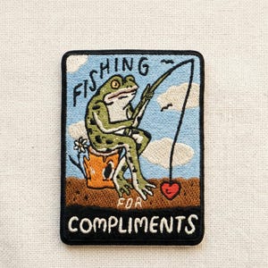 Fishing For Compliments Embroidered Patch, Funny Sassy Fishing Iron On Applique, Retro Angler Humor Sew On Badge, Quirky Gift Hat Decal