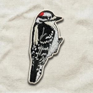 Downy Woodpecker Patch, Embroidered Bird Iron On Applique, Nature Lover Gift, Wildlife Accessory for Backpack Jacket Hat