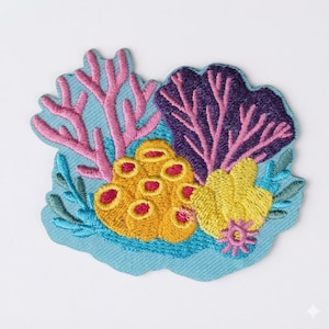 Colorful Coral Reef Embroidered Patch, Tropical Ocean Sea Life Iron On Applique, Marine Biology Sew On Badge, Scuba Diver Backpack Decal