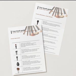 May include: Two white sheets of paper with text and illustrations about makeup brushes. The text reads "Your brush guide" and "Face brushes". The sheets show different types of brushes and their uses.