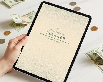 Puede incluir: Una tableta digital que muestra un planificador financiero con el texto "Financial Planner Invest in You". La imagen incluye billetes y monedas dispersos, con la frase "Your Journey to Financial Freedom Starts Here" en la parte superior.